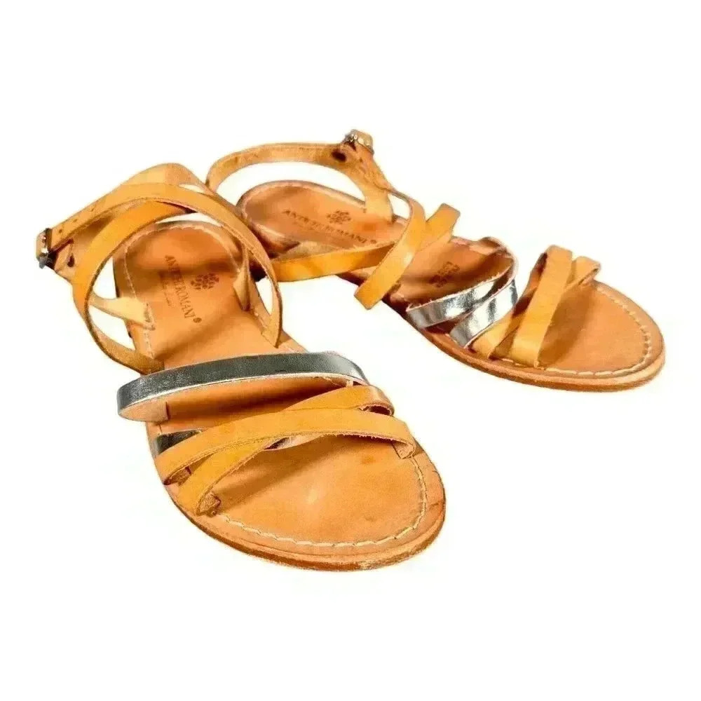 Antichi Romani Sandals Flat Shoes Brown Silver 7 Hand Made Italy Leather Strappy